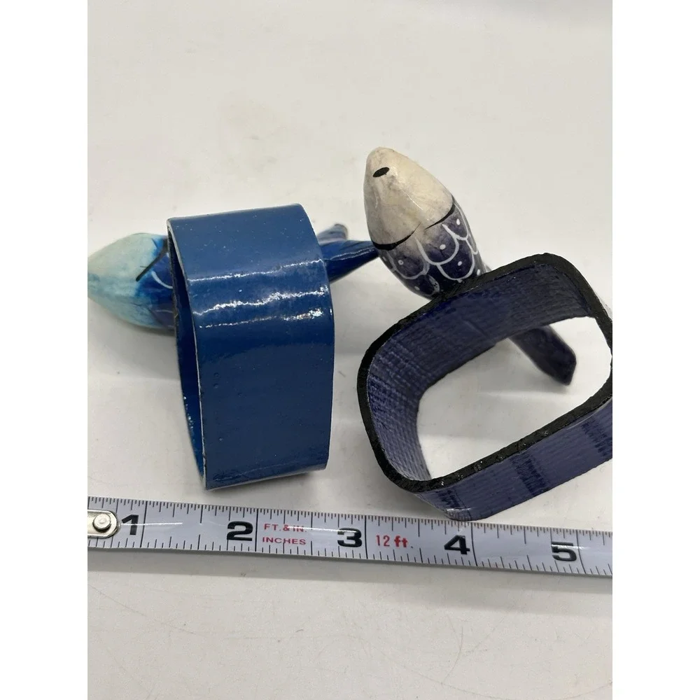 Pair Hand‎ Painted Papier Mache Fish Napkin Rings Coastal Nautical Decor